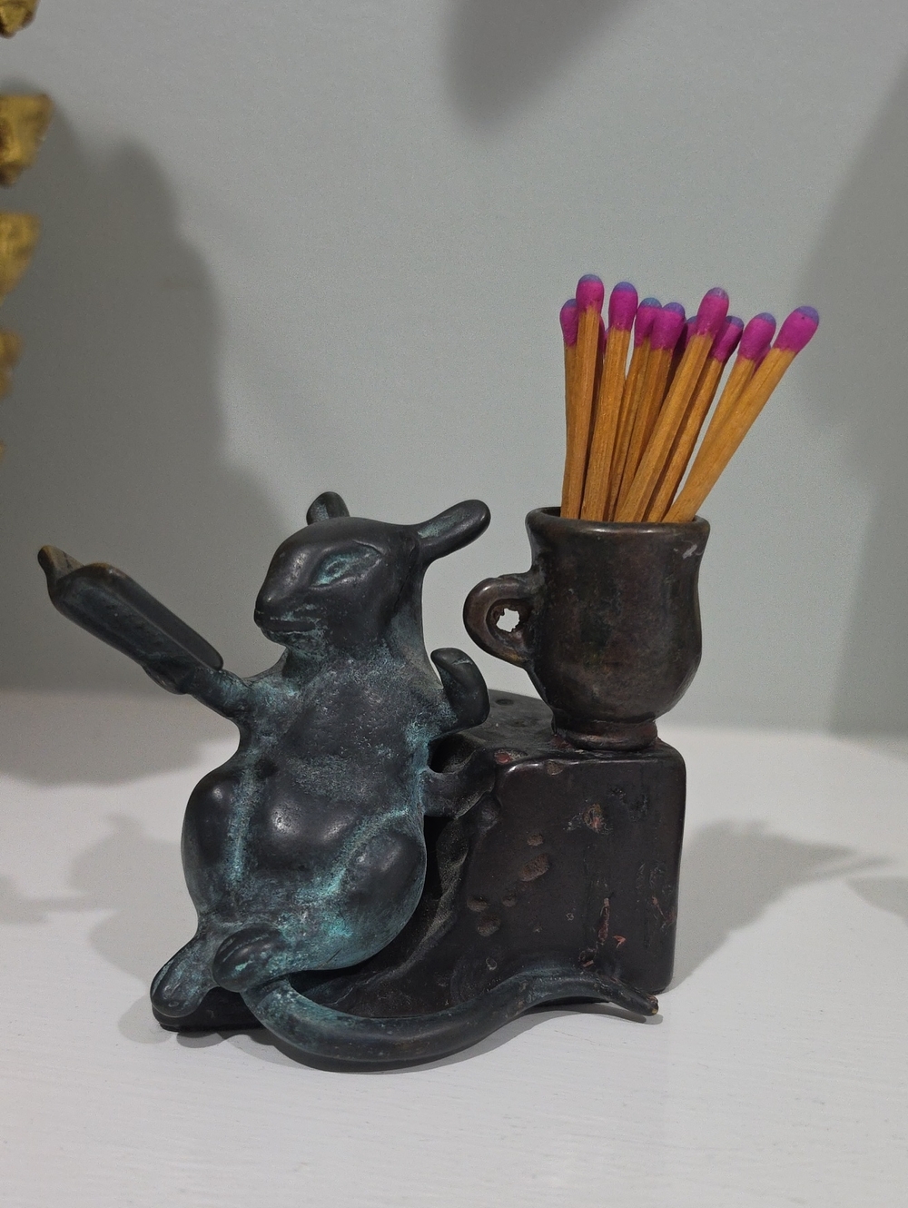 Antique-Style Patina Mouse Matchstick/ Candle Stick Holder -